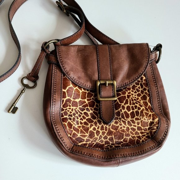 Fossil crossbody brown leather with cowhide details messenger bag. - Picture 1 of 9
